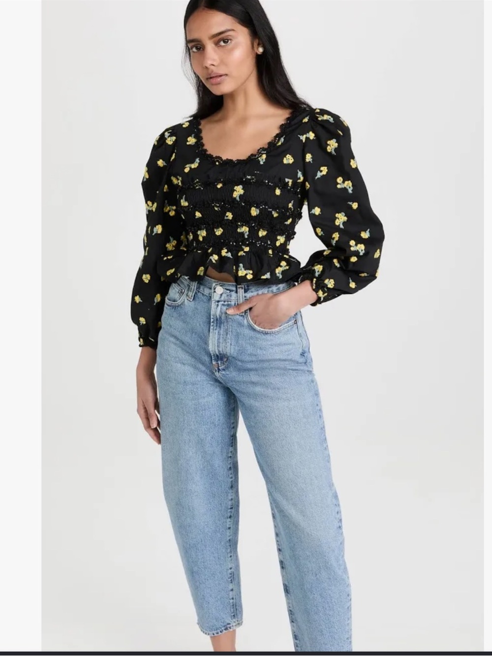 Sister Jane Black Smocked Blouse with Yellow Floral Print